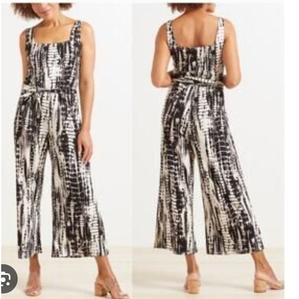 Peyton Jensen Womens Black Ivory Tie Dye Wide Leg Sleeveless Jumpsuit Small S